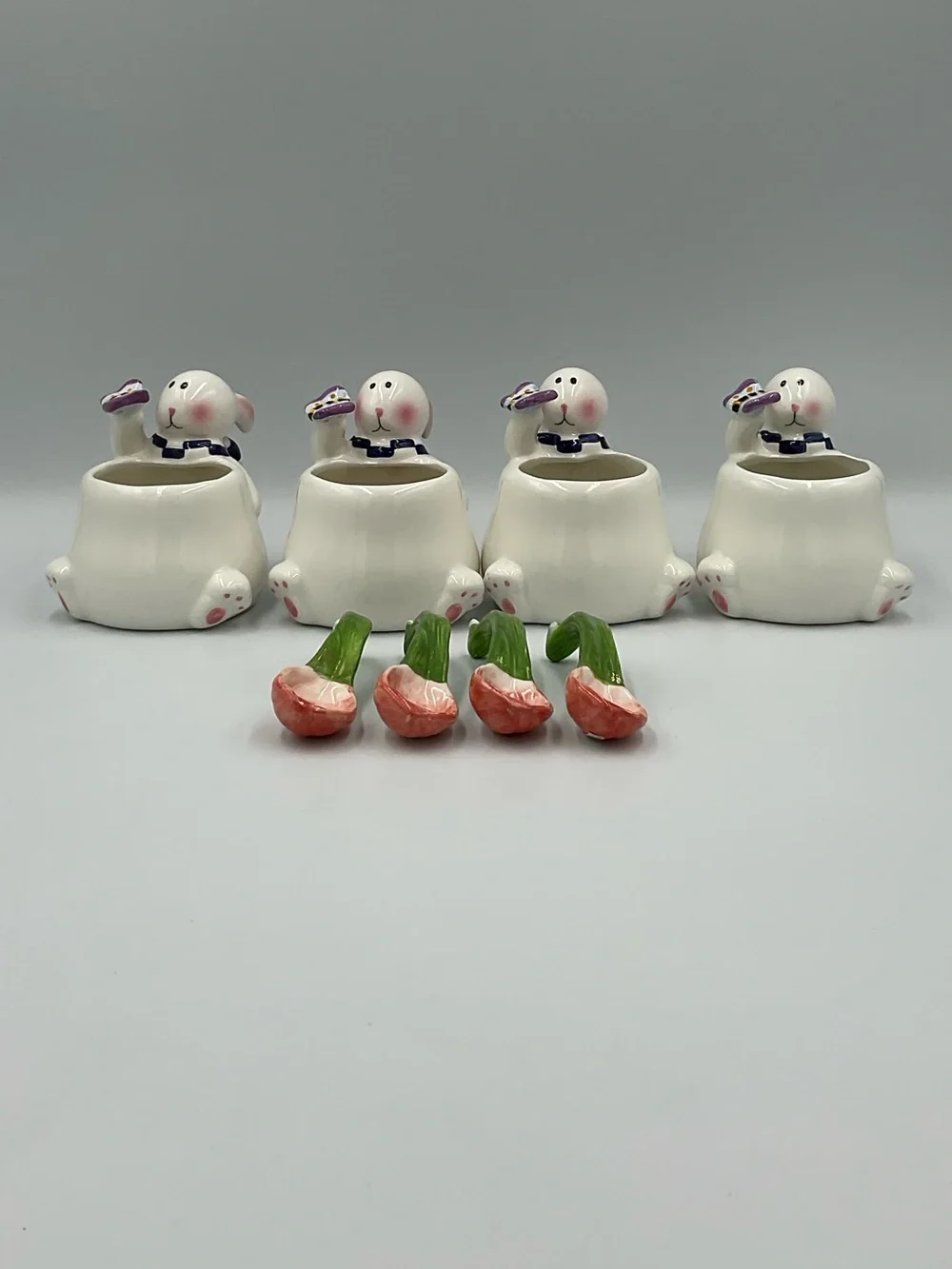 Vintage Mercuries Whimsical Spring Rabbit Teacups w/ Stirring Spoons- Set of 4
